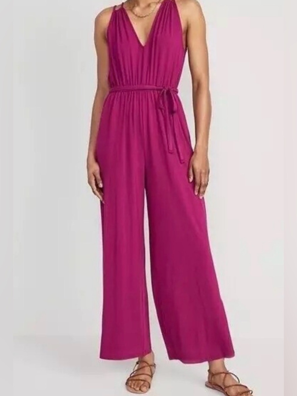 Old Navy Magenta Double-Strap Jumpsuit with Waist Tie